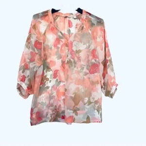 New York &Company sheer 3/4 sleeve floral peach orange blouse size XS preloved